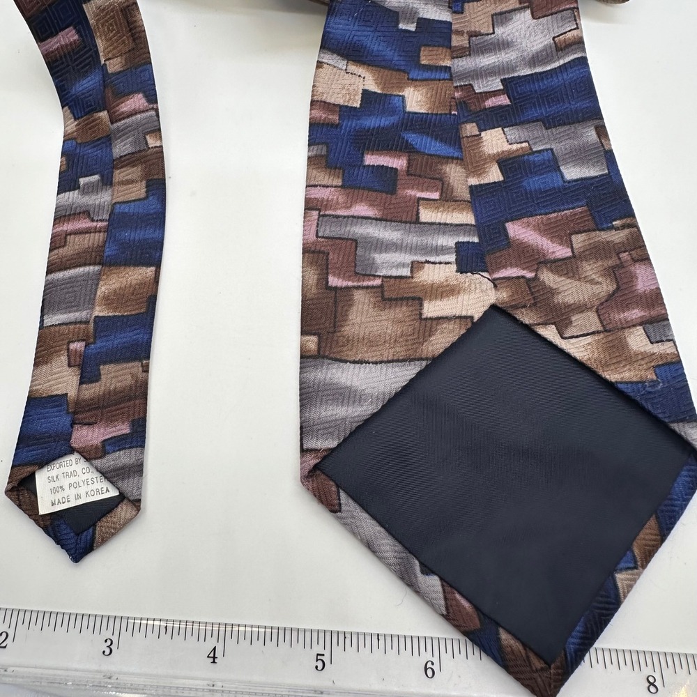 Fratello Necktie Blue Brown Abstract Geometric Pattern Silk Blend Tie - Picture 12 of 12